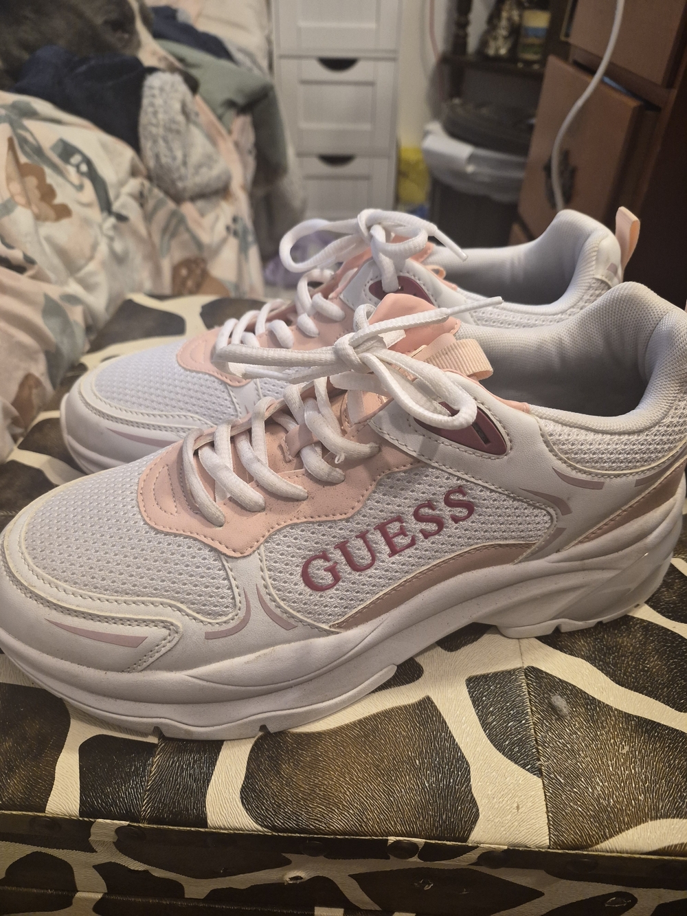 GUESS White and Light Pink Retro Chunky Sneakers
